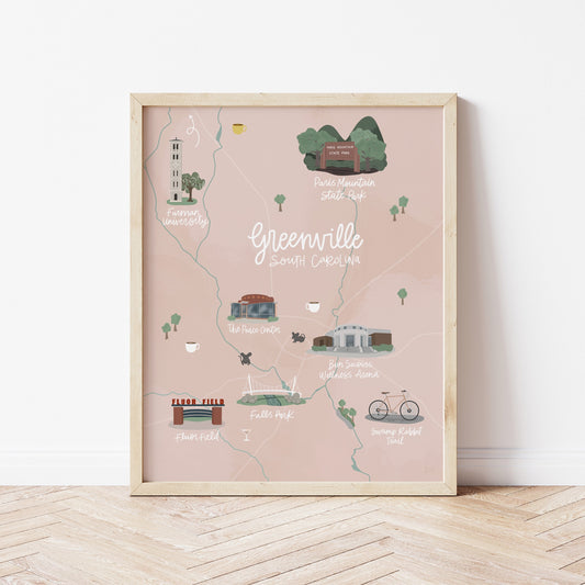 Greenville, SC Illustrated Map Print