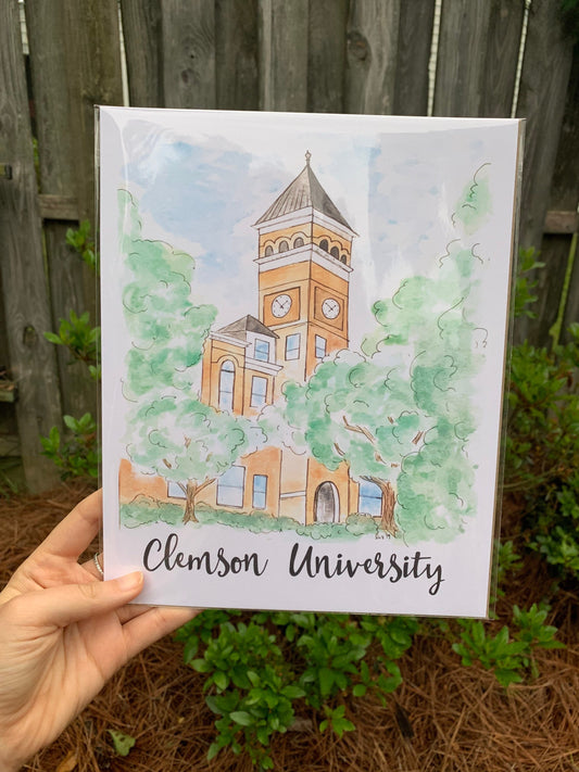 Clemson University Tillman Hall Watercolor Print 8x10
