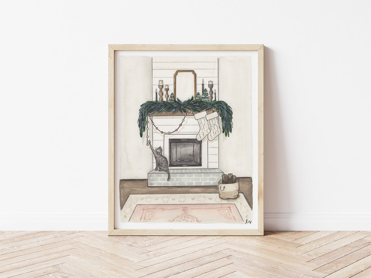 Christmas Fireplace Watercolor Print 8x10 | Christmas Print
