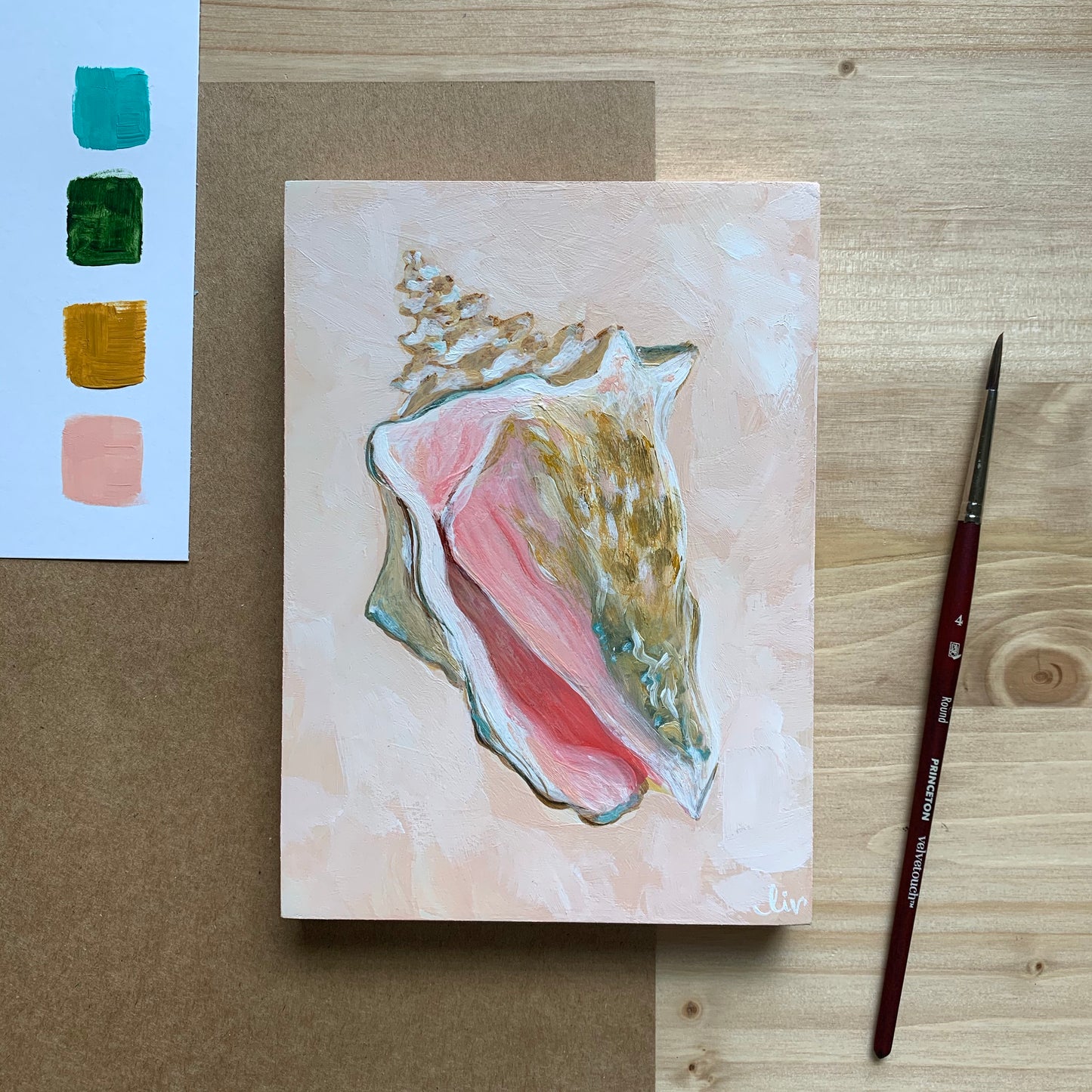 Golden Conch | Original Shell Painting | 5x7